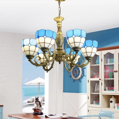 3/5/8 Heads Living Room Chandelier Mediterranean Brass Pendant Light with Bell Blue Glass Shade
