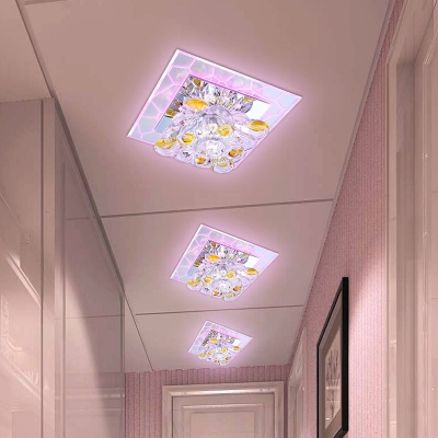 3/5w Hallway LED Flush Mounted Light Modern Mirrored Chrome Ceiling Fixture with Square Clear Crystal Shade, White/Purple/Blue Light