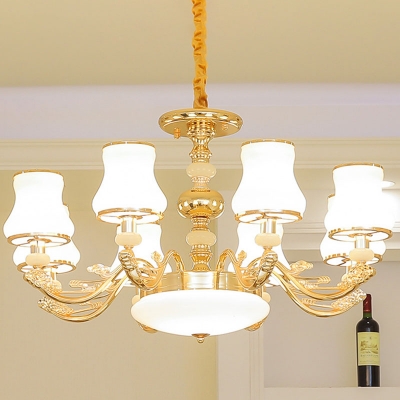 3/6/8 Heads Flared Chandelier Contemporary Gold Milky Glass Hanging Light Fixture with Carved Arm