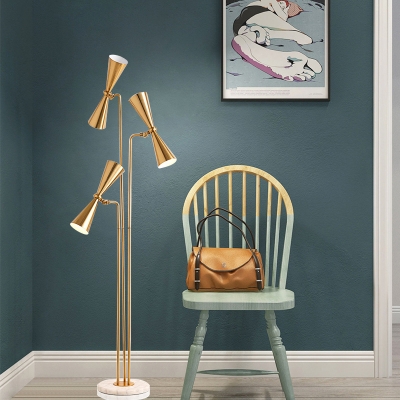 3 Lights Living Room Reading Floor Lamp Postmodern Brass Standing Light with Hourglass Metal Shade
