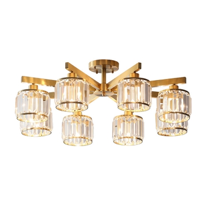 5/6/8 Heads Bedroom Ceiling Fixture Postmodern Gold Semi Flush Light with Cylinder Prismatic Crystal Shade
