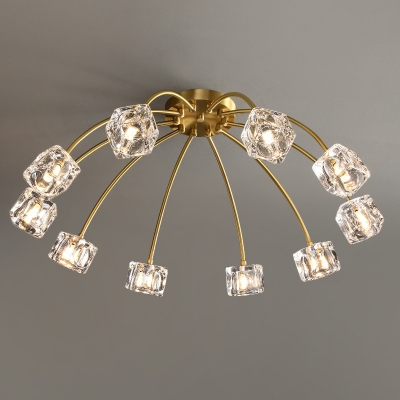6/10 Lights Blossom Semi Flush Light Postmodern Brass Clear Cube Crystal Ceiling Mount Lamp