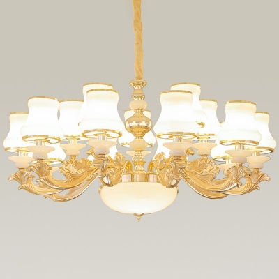 6/8/10-Bulb Curved Ceiling Hang Lamp Retro Gold Opaline Glass Chandelier Light Fixture