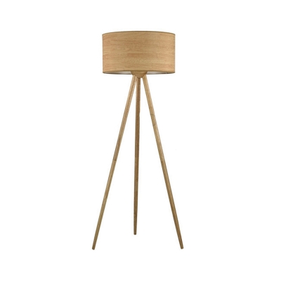Beige Drum Tripod Reading Floor Light Minimalist 1-Light Wood Stand Up Lamp for Living Room