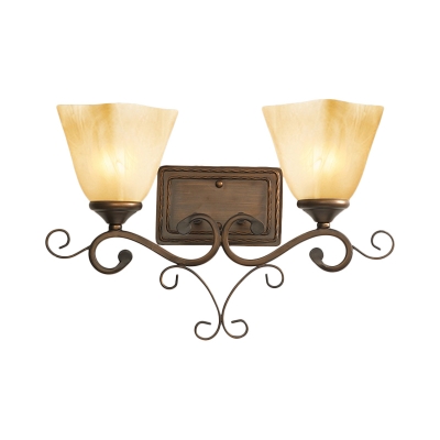 Beige Glass Square Bell Wall Sconce Country Style 2-Light Bedside Wall Mounted Lamp in Brown