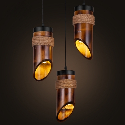 Bias-Cut Bamboo Pole Pendant Lodge 1/3-Light Dining Room Suspended Lighting Fixture in Brown