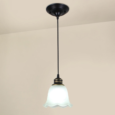 Black 1/3-Light Pendant Lighting Retro Opaline Glass Bell Suspension Lamp with Ruffle Trim, Round/Linear Canopy