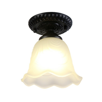 Black 1-Light Semi Mount Lighting Vintage Opal Frosted Glass Carillon/Bell/Flower Ceiling Light