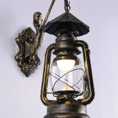 Black/Brass/Copper Kerosene Wall Lantern Nautical Clear Glass Single Restaurant Wall Light with Mermaid Decor