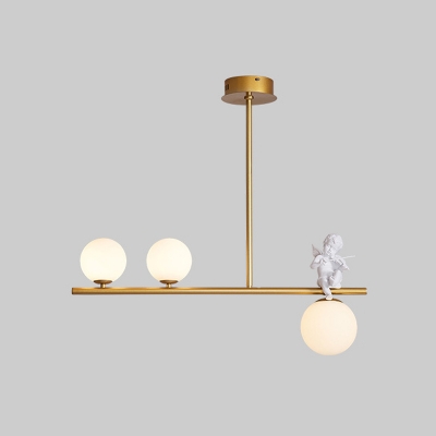 Black/Gold Linear Hanging Lamp Post-Modern 3/4-Bulb Opal Ball Glass Island Pendant with Angel Deco