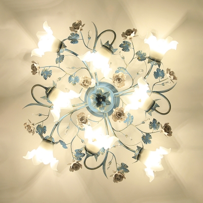 Blossoming Dining Room Ceiling Lamp Pastoral Cream Glass 6/8 Lights Blue Semi Flush Mount Fixture