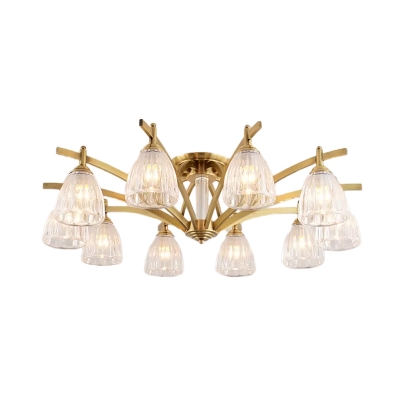Brass 3/8/10 Heads Flush Chandelier Modern Clear Textured Glass Bell Semi Flush Ceiling Light