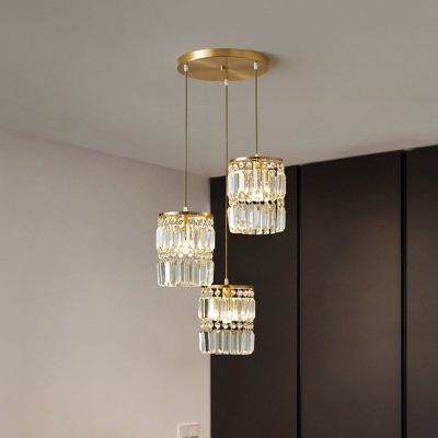 Brass Cylindrical Multi-Pendant Postmodern 3 Lights Tri-Prism Crystal Ceiling Hang Lamp with Round/Linear Canopy