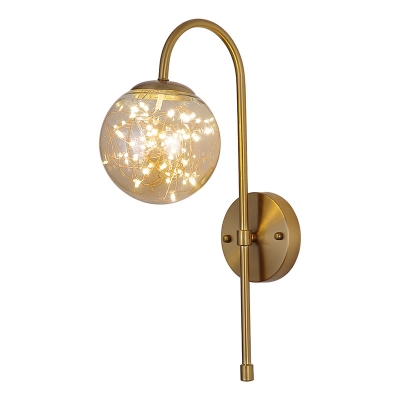 Brass Gooseneck Wall Light Fixture Post-Modern Metal LED Starry Wall Mount Lamp with Ball Amber/Smoke Glass Shade