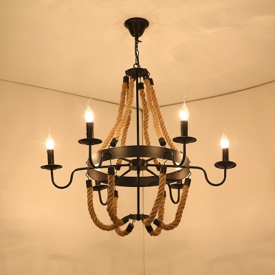 Candle/Cage/Cylinder Restaurant Chandelier Rustic Hemp Rope 6/8/13-Light Black and Brown Hanging Lamp