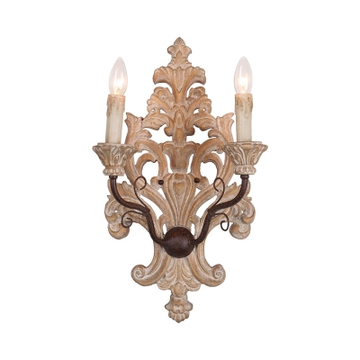 Carved Wood Fleur De Lis Sconce French Country 2-Light Dining Room Wall Lamp with Candle in Distressed White