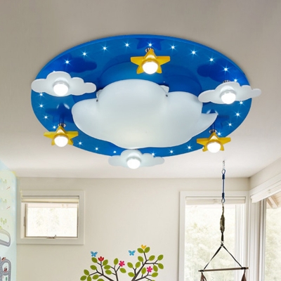 Cloudy Kindergarten Ceiling Lighting Wood 3 Lights Cartoon Flush Mounted Lamp in Blue