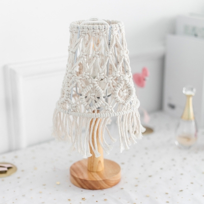 Conical Girls Room Table Lamp Bohemia Fiber Rope 1 Head Yellow Nightstand Light with Fringe