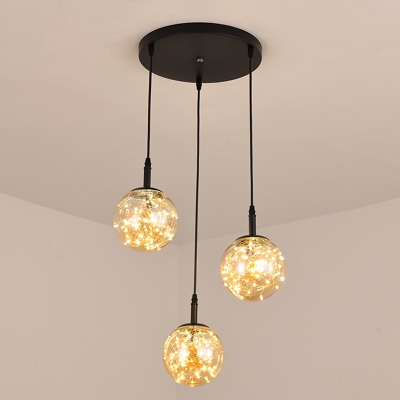 Contemporary 3-Light Pendant Lamp Black Spherical LED Ceiling Hang Light with Amber/Smoke Grey Glass Shade