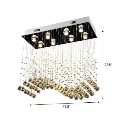 Contemporary Wavy Flush Light 8 Lights Crystal Orb Flushmount Ceiling Lamp in Stainless Steel
