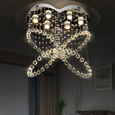 Crystal Beaded Butterfly Ceiling Light Modern 6-Bulb Bedroom Flush Mounted Light in Stainless Steel