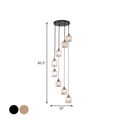 Cylinder Living Room Ceiling Pendant Clear K9 Crystal Prism 6/8-Head Modern Multi Hanging Light in Black/Gold