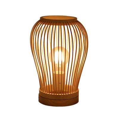 Cylinder/Pear Shaped/Ellipse Night Lamp Chinese Style Bamboo Single-Bulb Wood Table Light for Bedroom