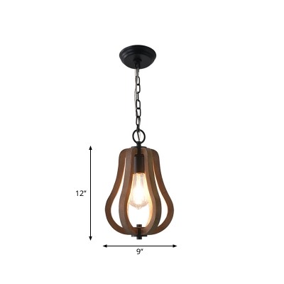 Distressed Brown 1 Head Hanging Light Kit Farmhouse Wood Pear/Melon/Sphere Ceiling Pendant for Kitchen