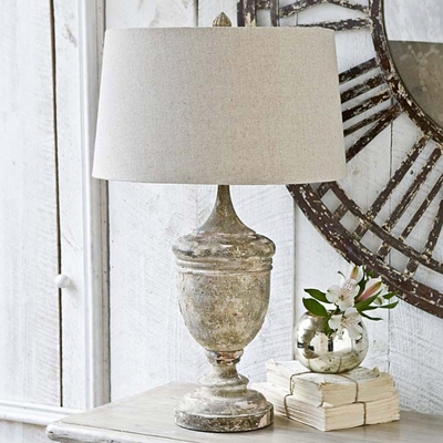 Distressed White Urn Nightstand Light Farmhouse Wooden 1 Head Living Room Table Lamp with Drum Fabric Shade