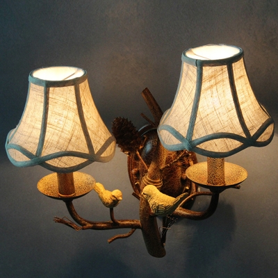 Flared Fabric Wall Lamp Fixture Farm Style 1/2-Bulb Corridor Sconce Light with Bird and Pine-Cone Decor in Brown