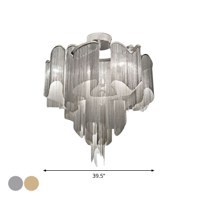 Floral Tassel Chain Flush Mount Modern Aluminum Living Room LED Semi Flush Mount Ceiling Light in Silver/Gold, 23.5
