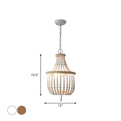 Hand-Worked 2-Light Beaded Basket Hanging Lamp French Country White/Beige Wood Pendant Chandelier