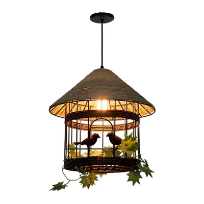 Iron Birdcage Hanging Light Farmhouse 1-Bulb Living Room Pendant Light with Conical Top in Beige
