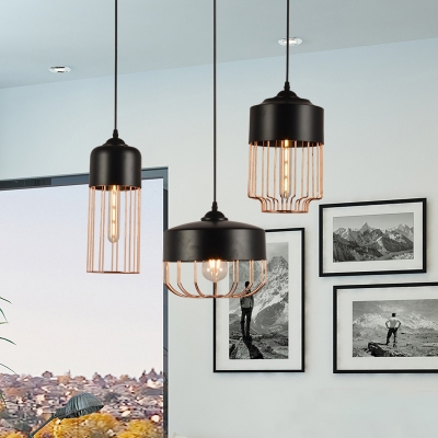 Iron Black and Rose Gold Pendant Canning Jar/Cylinder/Tube 1-Light Industrial Style Ceiling Suspension Lamp