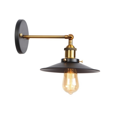 Iron Horn/Saucer/Shadeless Wall Lamp Industrial 1-Light Dining Room Wall Mount Light with Adjustable Arm in Black-Brass