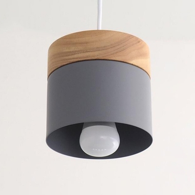 Macaron Cylinder Hanging Ceiling Light Metal Single Dining Room Drop Pendant in Grey/White/Khaki and Wood