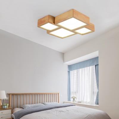 Multi-Square Small/Large Bedroom Ceiling Lamp Wooden Nordic LED Flush Mount Light Fixture in Warm/White/3 Color Light