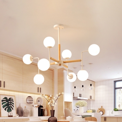Nordic Bubble Ball Hanging Pendant Cream Glass 8/12/16-Head Living Room Chandelier in Wood