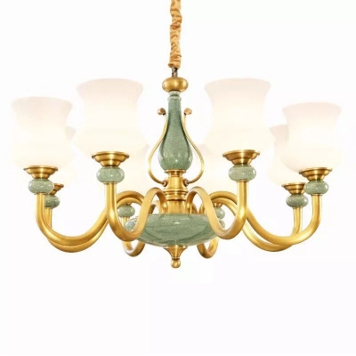 Opal Blown Glass Curve Chandelier Retro 6/8/12-Head Green and Brass Ceiling Hang Lamp for Dining Room
