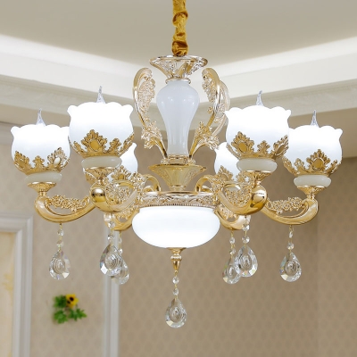 Opal Glass Flowerbud Pendant Light Traditional 8/12/15 Heads Living Room Chandelier in Gold with Draping Crystal