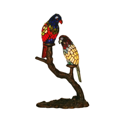 Parrot Stained Glass Nightstand Light Tiffany 2 Heads Red Table Lamp with Bare Tree Stand