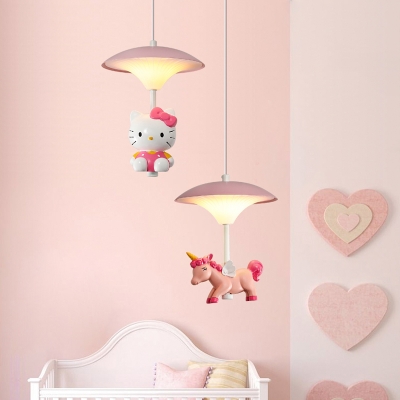 Pink Kitty/Unicorn Pendulum Light Cartoon 1/3-Head Resin LED Hanging Pendant Lamp with Umbrella Top
