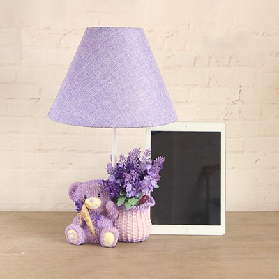 Purple Empire Shade Table Lamp Kids 1 Bulb Fabric Nightstand Light with Bear and Lavender Base