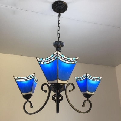 Pyramid Up Chandelier Lamp 3-Bulb Pink/Blue/Yellow Glass Mission Style Ceiling Pendant with Swirl Arm