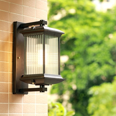 Rectangular Rib Glass Wall Sconce Classic 1 Head Outdoor Wall Light Fixture in Coffee, 9