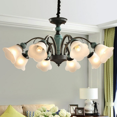 Ribbed Glass Floral Up/Down Chandelier Classic 3/5/8-Bulb Living Room Hanging Light Fixture in Green