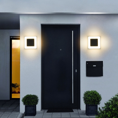 Round/Square Outdoor Wall Lamp Metallic Nordic LED Wall Light Fixture in Matte Black, 6