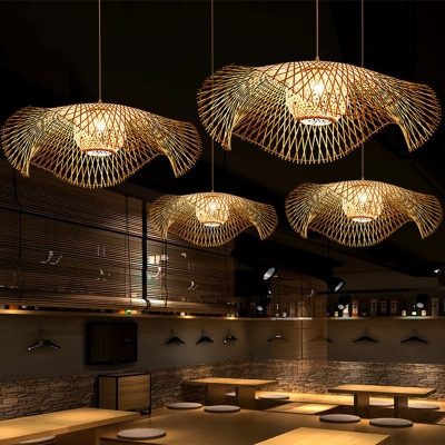 Ruffle Restaurant Pendant Lighting Bamboo 1 Head Contemporary Ceiling Hang Light in Wood, Small/Medium/Large