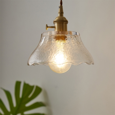 Scalloped Water Glass Hanging Pendant Rustic 1 Bulb Dining Room Suspension Light in Brass/Wood
