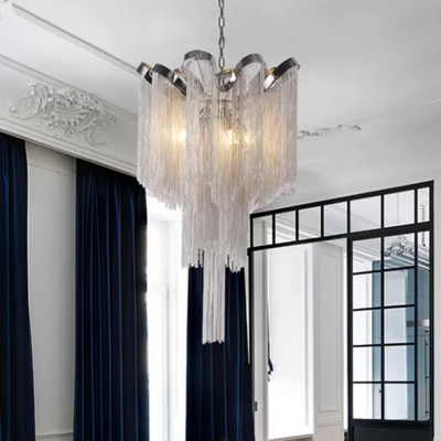 Silver Cascaded Chainlet Drop Lamp Modernist Aluminum LED Pendant Chandelier for Living Room